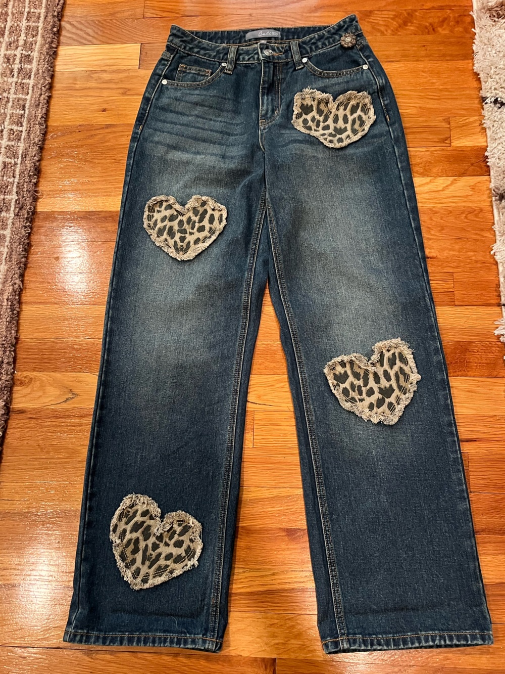 Cali 1850 Wide-Leg Jeans with Denim Leopard Heart Appliqués.